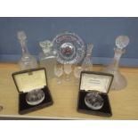 4 decanters, lead crystal glasses, paperweights and comemmorative plate