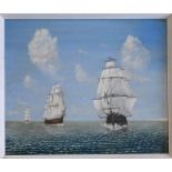 Geoff Day, oil on board sea of three tall ships at sea, signed bottom right "Geoff Day" framed