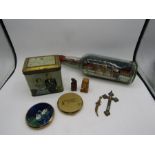 Micro mosaic crucifix, 1953 Coronation tin, 2 compacts, soap stone and onyx carvings, ship in bottle