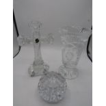Waterford crystal cross, a vase and large paperweight