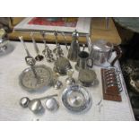 Metal items including Candle sticks, kettle and toast rack etc