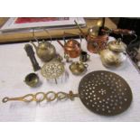 Mixed metalware including cloisonne kettle and longcase clock thermometer etc