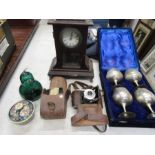 Goblets, vintage camera, clock, light, oil lamp shade, etc