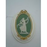 Wedgwood sage green jasperware dancing hours mounted plaque, approx 19cm incl frame