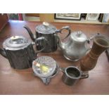 metalware teapots, tankard, glass lined dish and a treen vase