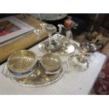Metalware including teapot, trays and rose bowls etc