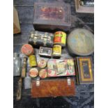 Vintage tins, boxes and a gas mask