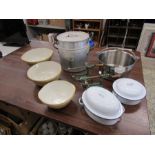 Kitchenalia including vintage T.G Green ceramic mixing bowls and enamelware etc