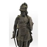 Brown patinated bronze of a standing Greek warrior with sword and shield, on polished marble base,