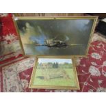 Framed signed RAF print and signed oil on board painting depicting a dog