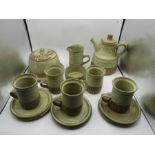 Tremar pottery part tea set- teapot, milk jug, sugar bowl, cheese dome, 6 saucers only 5 cups