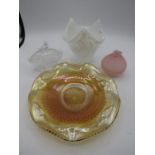 Opaque handkerchief vase, 2 trinket pots and carnival glass dish