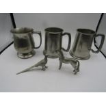 Pewter horse and pheasant and 3 tankards