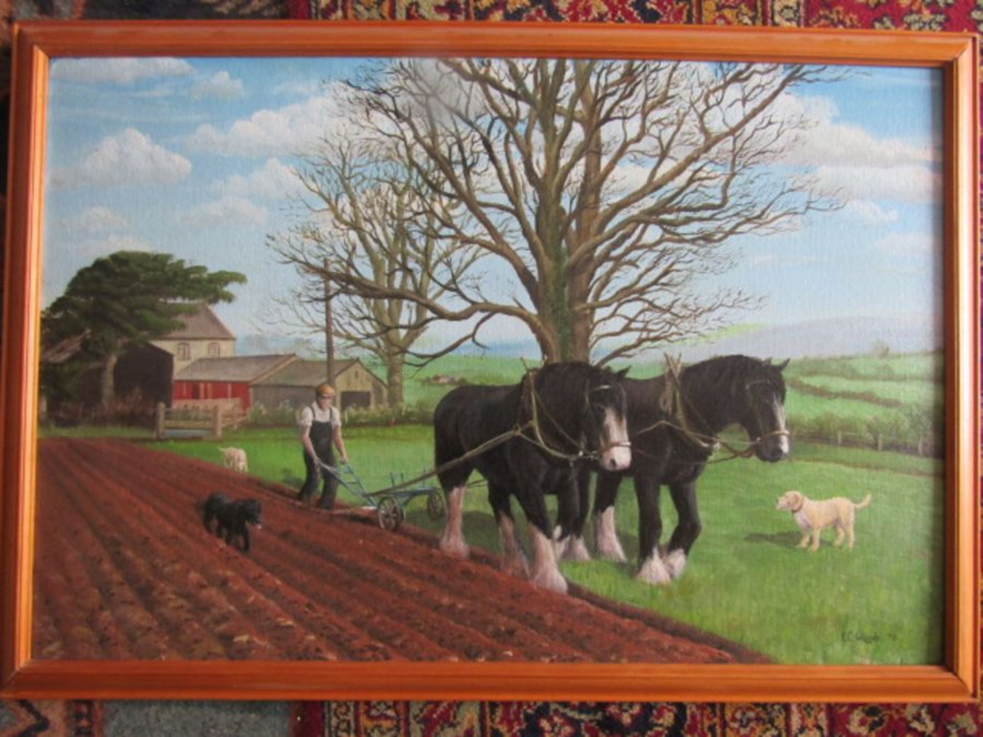 B.C Woods oil on board of horses ploughing 82x59cm