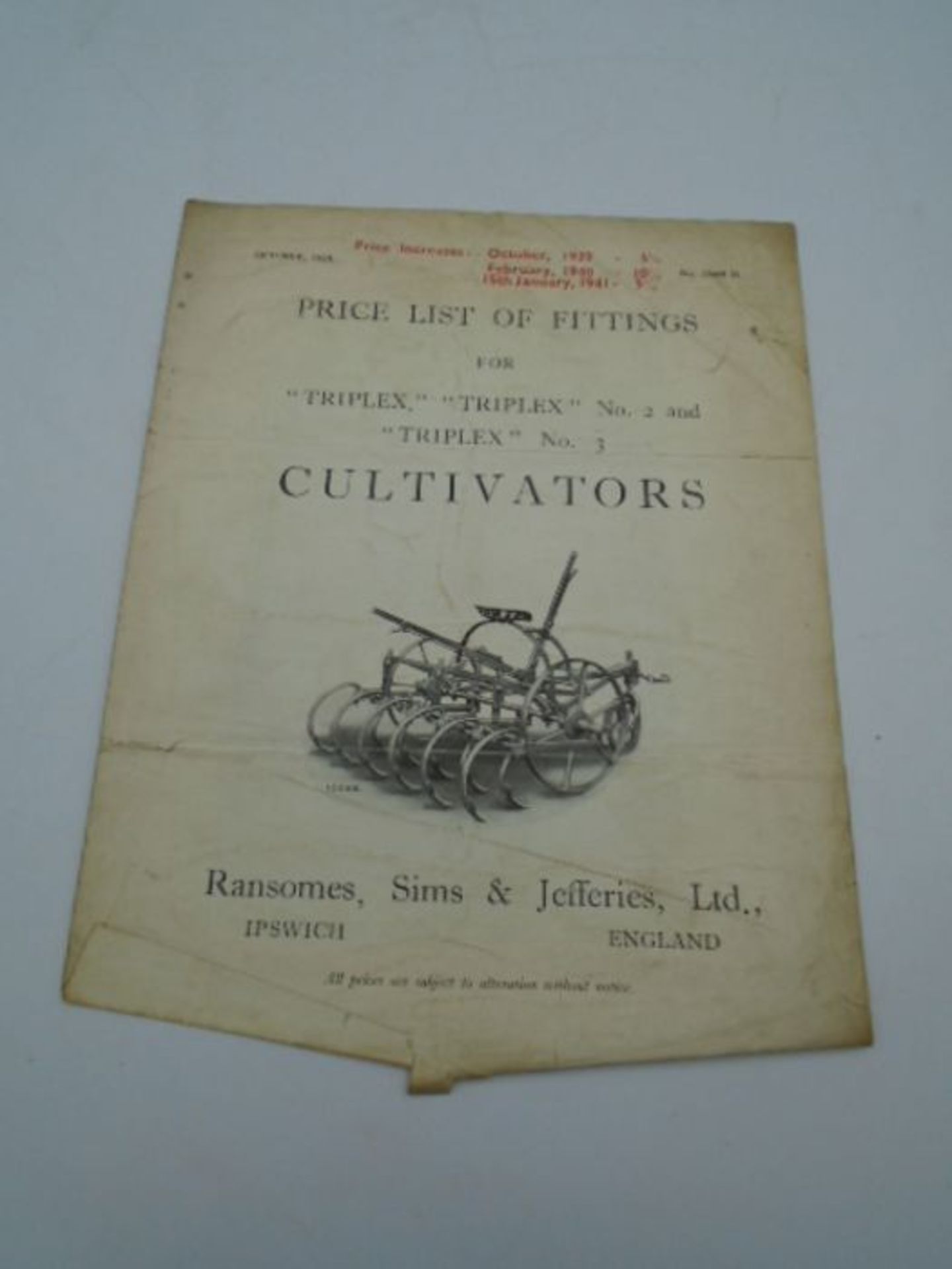 Price list of fittings (1939) with price increases to 1941 Ransomes, Sims, Jefferies cultivators