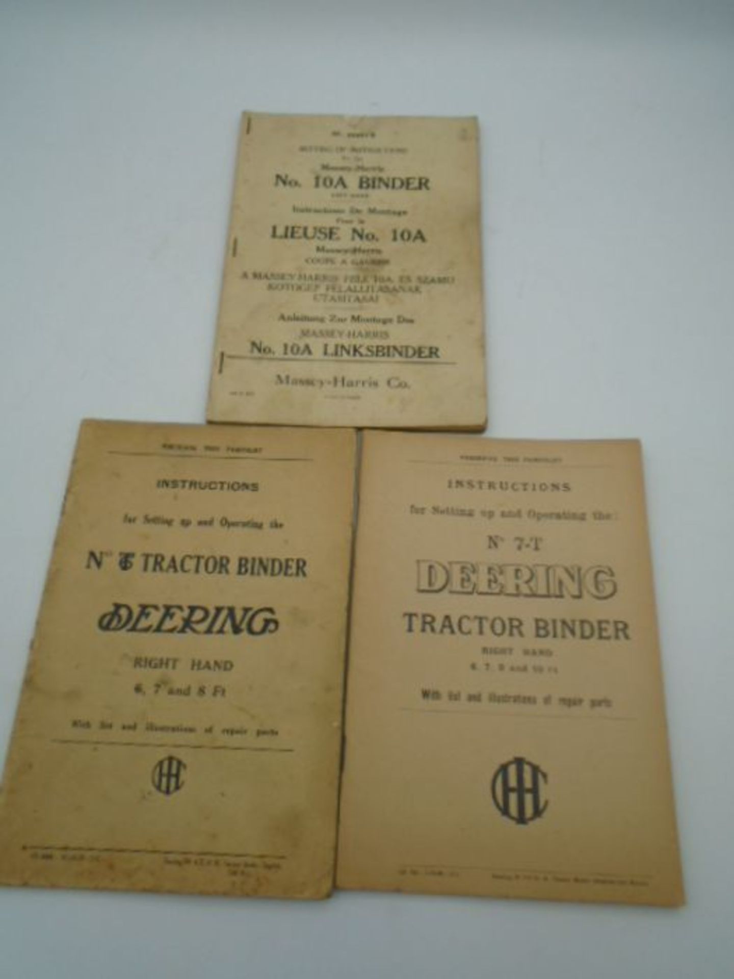 3 Deering instruction booklets right hand 6, 7, 8 and 10 with French/English 10a (ex-lot 645)