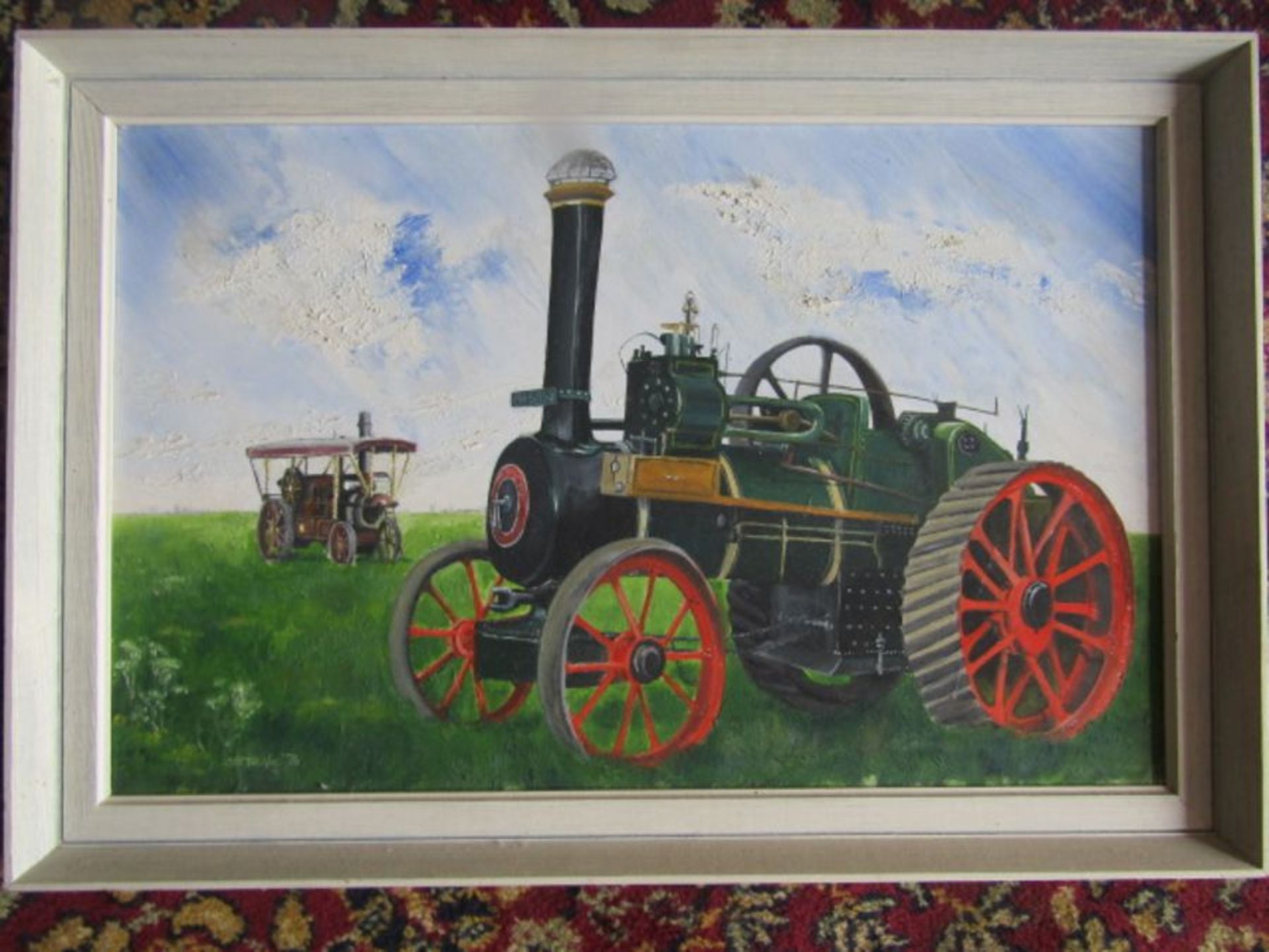 signed oil on board of Steam engines 50x34cm