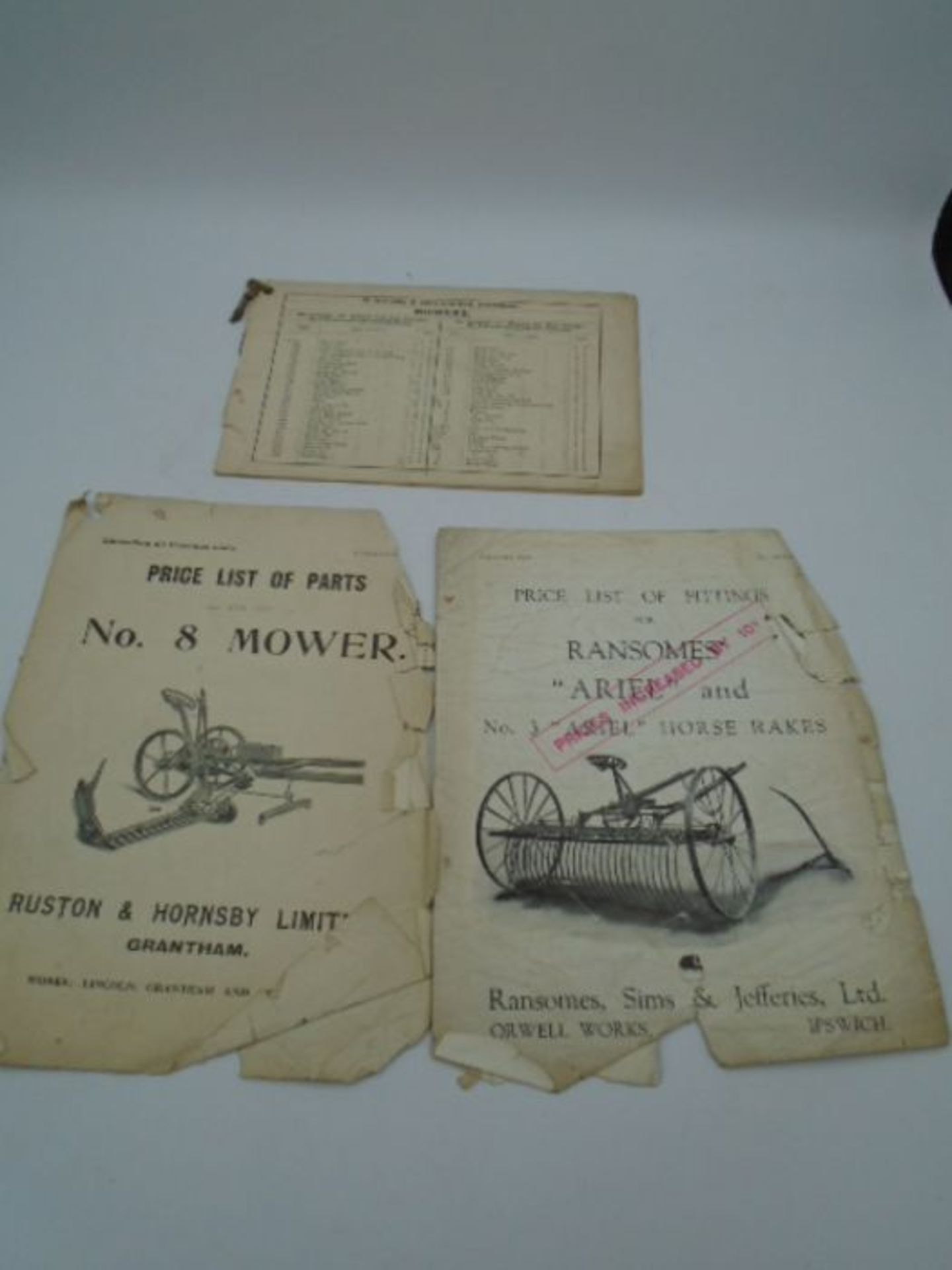 Price list of fittings, Ransome horse rakes, mower no8 etc