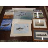 Spitfire- a collection of prints inc one pencil signed of Spitfires. Harriers, along with 3 books