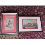 Framed signed horse painting and painting of a hunting scene. Largest picture 20cm x 30cm approx