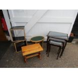 Job lot- display shelves, nest of leather top tables, stool and side table