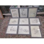 Set of 9 framed Winnie the Pooh prints. 28cm x 34cm approx