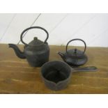 Heavy cast iron kettle, teapot and pan