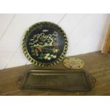 Brass Cloisonne tray, Chinoiserie style tray and onyx plate with mother of pearl inlaid