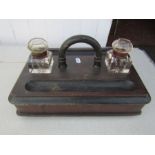 Vintage wooden inkstand/desk tidy with glass inkwells (one inkwell has broken hinge)