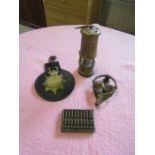 Brass items including miniature Davey lamp, door knocker, Norfolk constabulary horse brass and