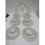 part tea set- white with light blue floral design- cake plates and 6 cups and saucers, 6 side