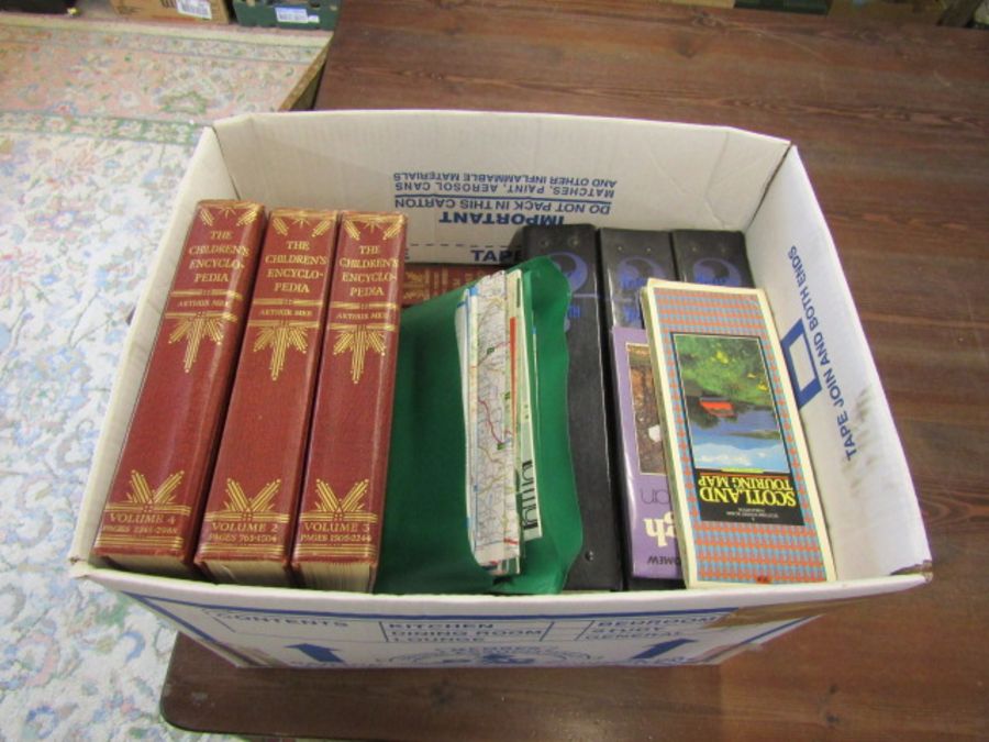 Box of vintage children's encyclopedia's, maps and "What's it worth" magazines in folders - Image 2 of 2