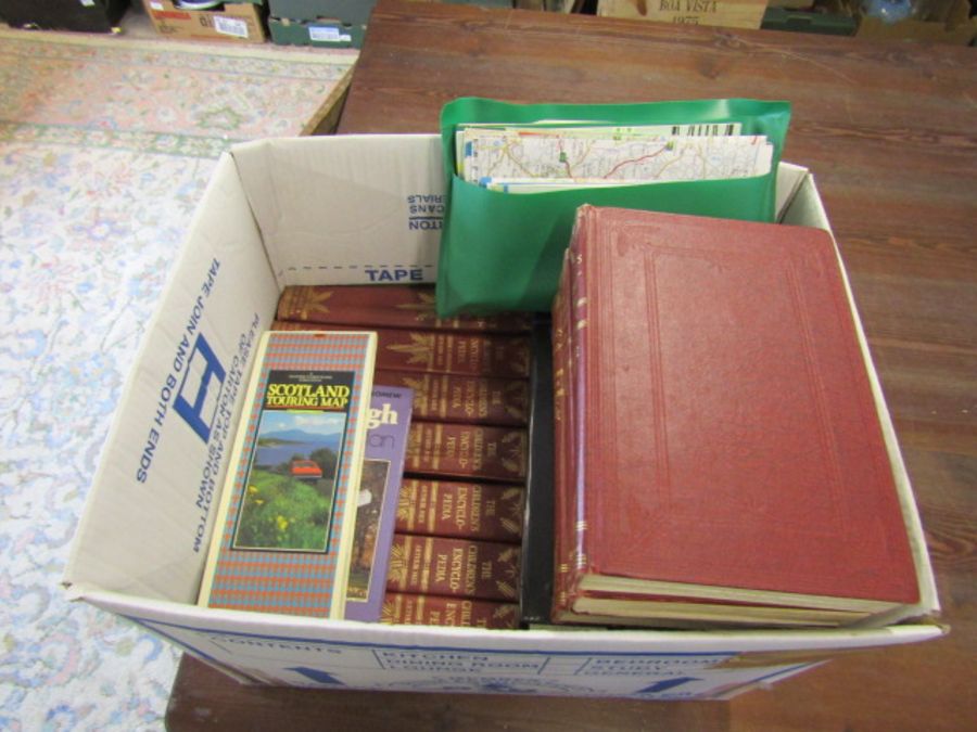 Box of vintage children's encyclopedia's, maps and "What's it worth" magazines in folders