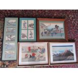 5 Framed Asian pictures including silk pictures