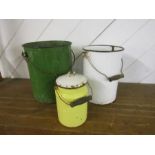 3 Tall vintage enamel pots with wooden handles . Largest H35cm approx