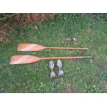 2 Wooden boat ores and vintage roller skates