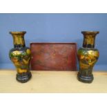 A pair of Laquered vases and a laquered tray