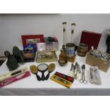 A job lot of household items to include Ebony brush set, placemats, cutlery, onyx etc etc