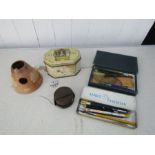 Collectors lot including pens and other stationary, Royal Doulton pot and vintage tin etc