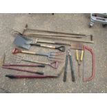 Mixed garden tools including forks and edging shears etc