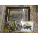 A vintage photo of horse and trap, a mirror with horse and cart and one other