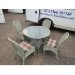 Rattan glass topped garden table and 4 chairs in need of re-upholstery