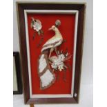 Vintage Peacock bird sea shell art in an open frame