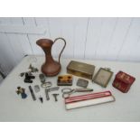 Collectors lot including vintage tins, Russian pin badge and adjustable magnifier on stand