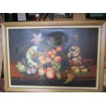 Oil on canvas still life of monkey feasting on fruit 41x29" framed
