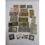 Various banknotes, mixed coins and 2 comemmorative crowns