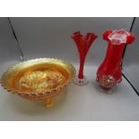 2 red glass vases and carnival glass footed dish