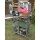 Stillage containing glass, china, vintage tins, metalware and bagatelle etc