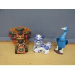 Mexican terracotta figure, Chinese Foo dog and duck ornament