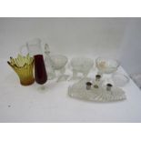 2 coloured glass vases, Vanity set, decanter and various glass bowls